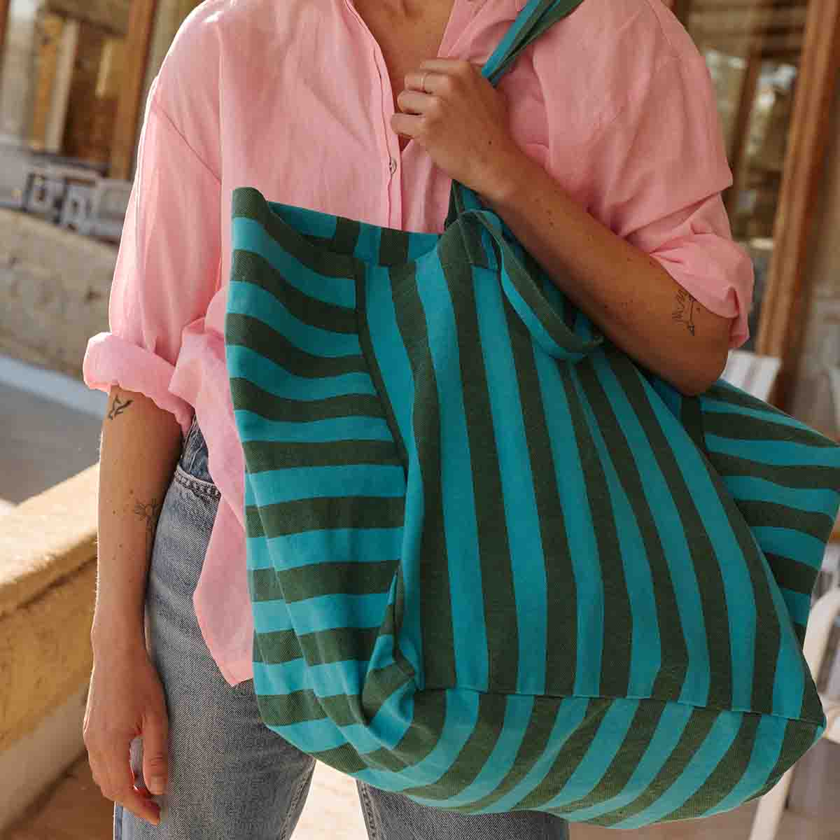 Tote bag - Elisa Turquoise / Olive Stripes