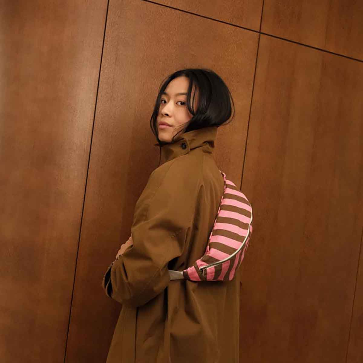 Sac banane - Rayures Funky pink / Olive