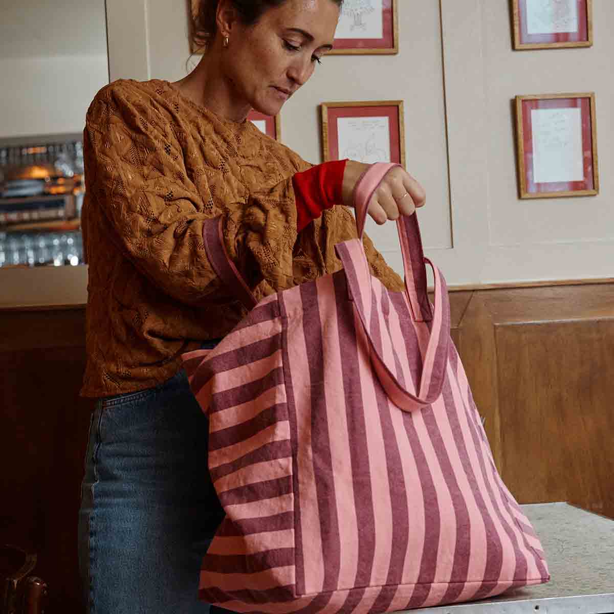 Tote bag - Elisa Burgundy / Pink flamingo Stripes