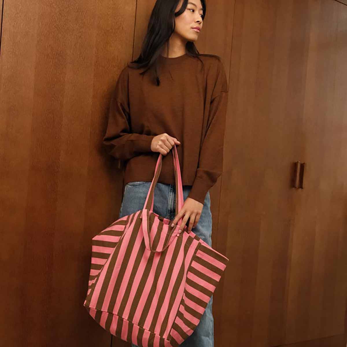 Sac cabas - Elisa Rayures Funky pink / Olive