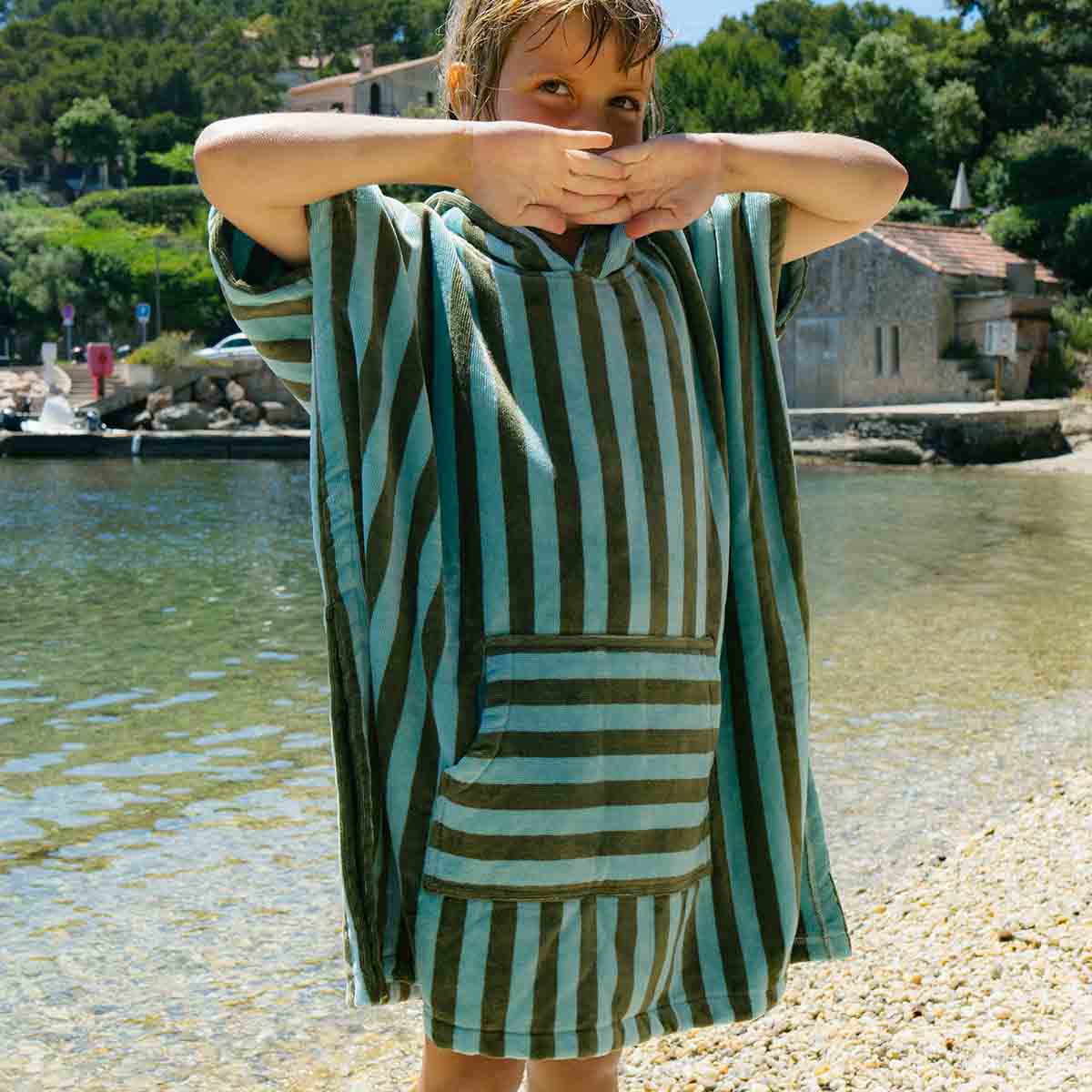 Bath poncho - Suzon Kaki / Blue Stripes