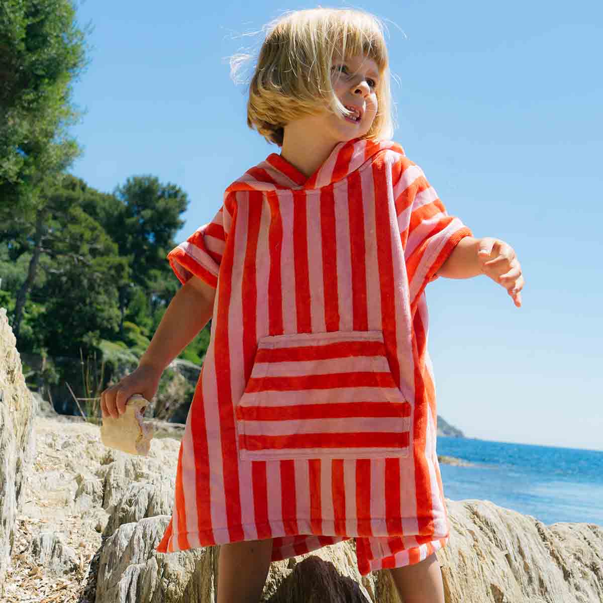 Bath poncho - Suzon Pink / Tomato Stripes