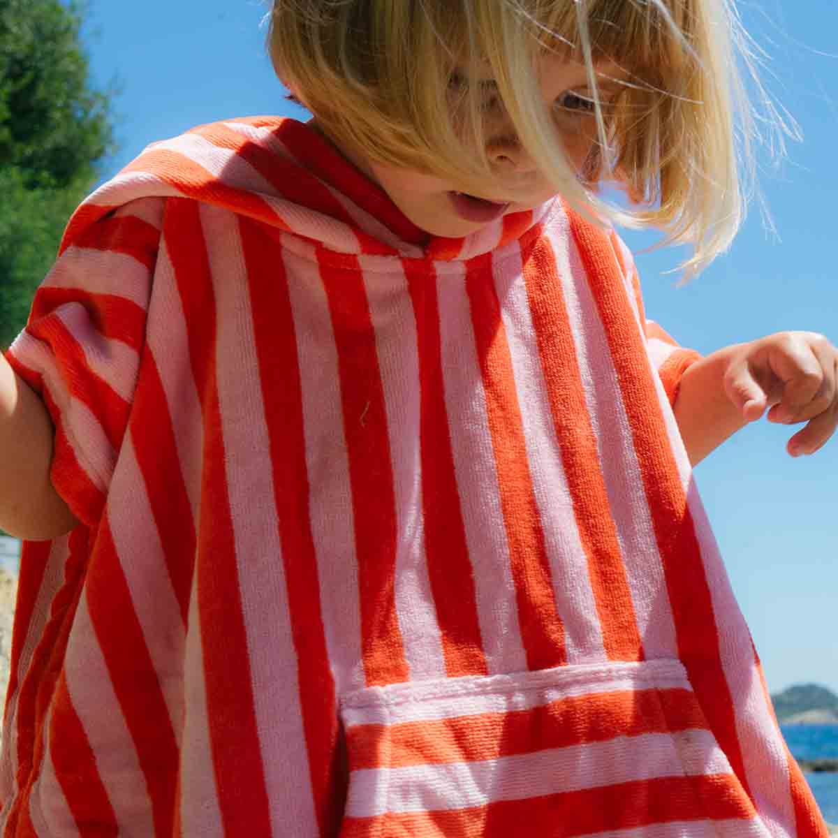 Bath poncho - Suzon Pink / Tomato Stripes