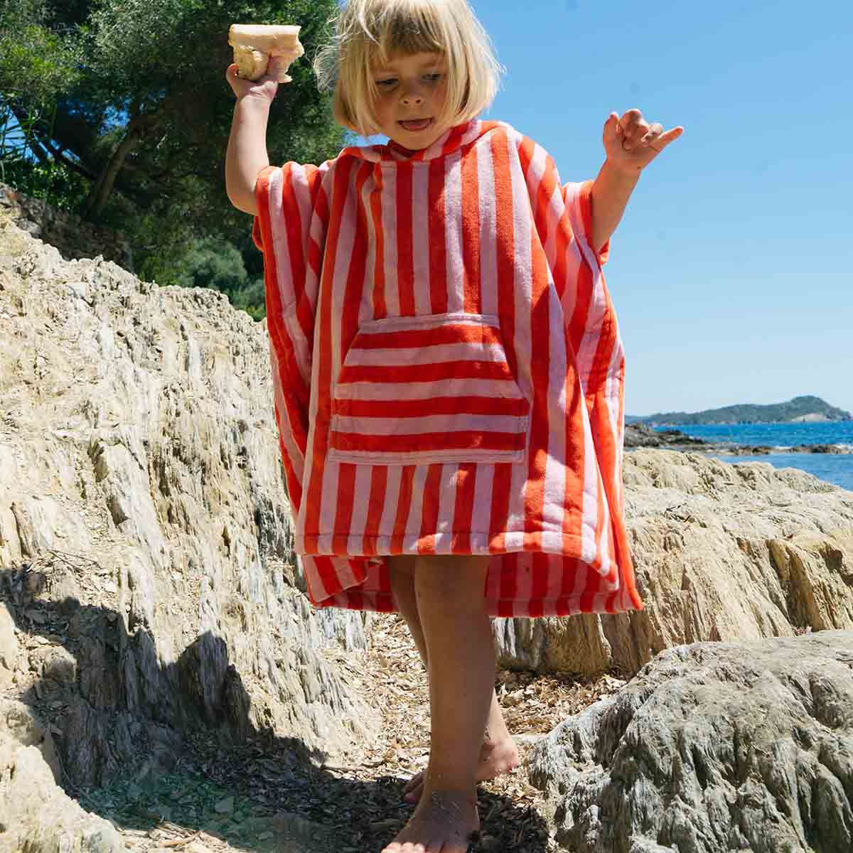 Bath poncho - Suzon Pink / Tomato Stripes